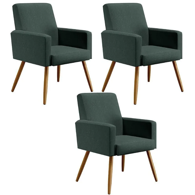 Kit 03 Poltronas Maria W01 Pés Palito Linho Verde Musgo