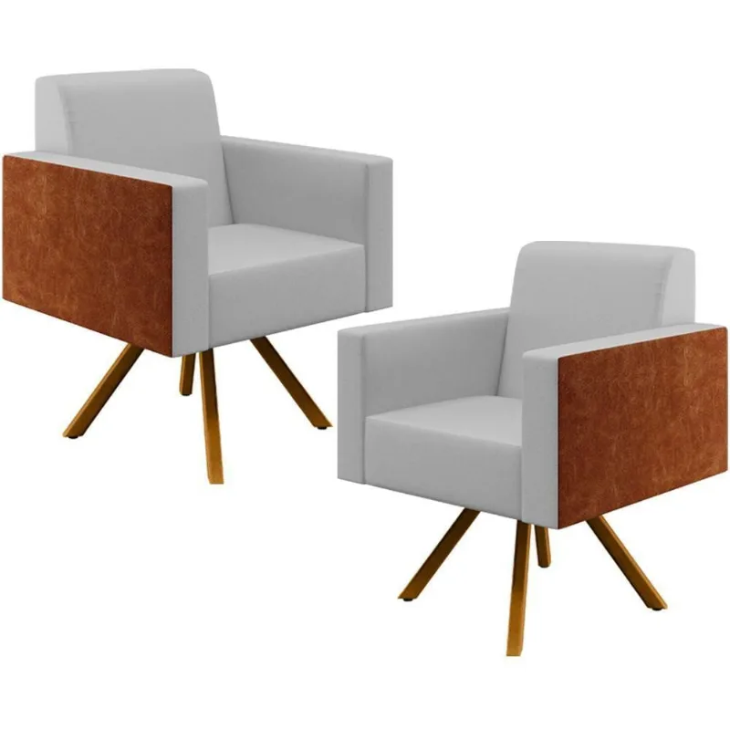 Kit 02 Poltronas Base Giratória Linho Cinza Couríssimo Camel