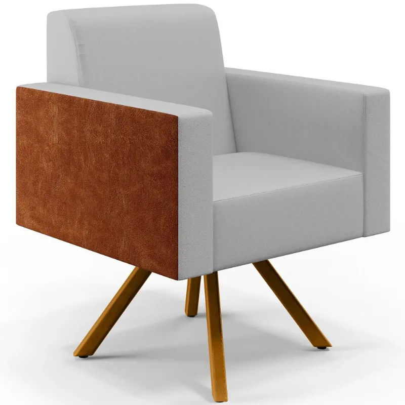 Poltrona Decorativa Base Giratória de Madeira Helô L02 Linho Cinza Couríssimo Camel - Lyam Decor