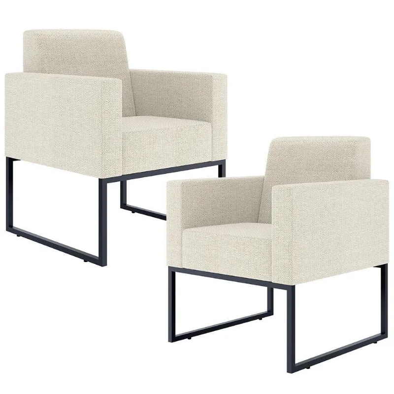 Kit 02 Poltronas Base Fixa Metal Linho Champagne