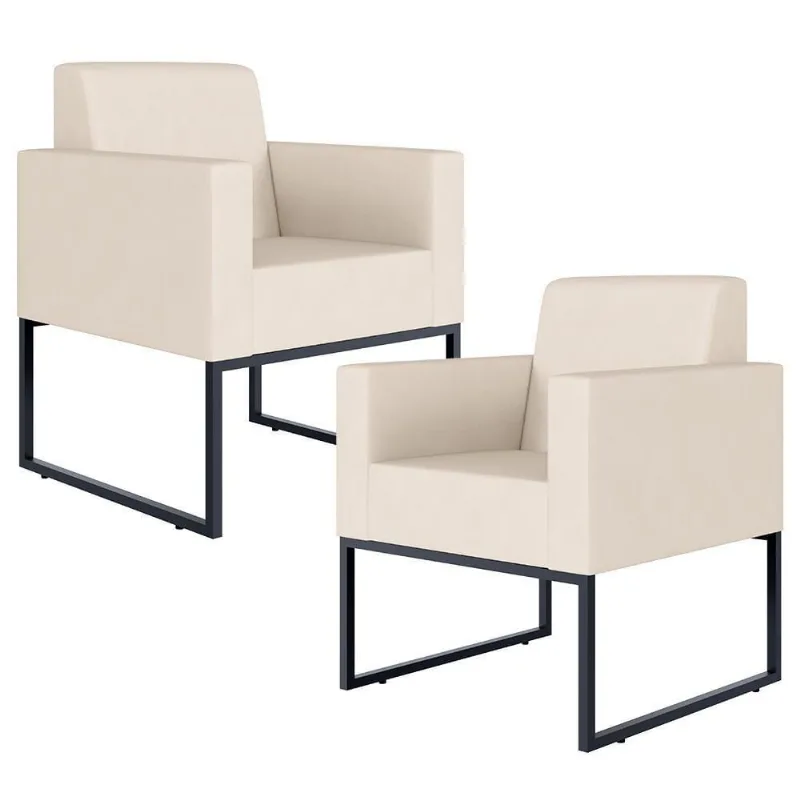 Kit 02 Poltronas Recepção Base Fixa De Metal Suede Bege
