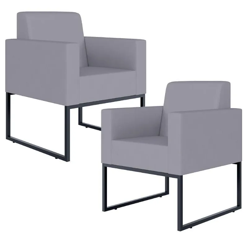 Kit 02 Poltronas Recepção Base Fixa De Metal Suede Cinza