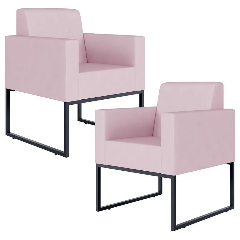 Kit 02 Poltronas Recepção Base Fixa De Metal Suede Rosê