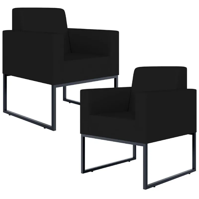 Kit 02 Poltronas Recepção Base Fixa De Metal Suede Preto