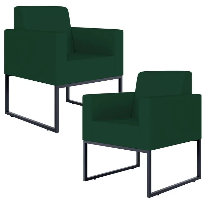Kit 02 Poltronas Base Fixa Metal Suede Verde Musgo