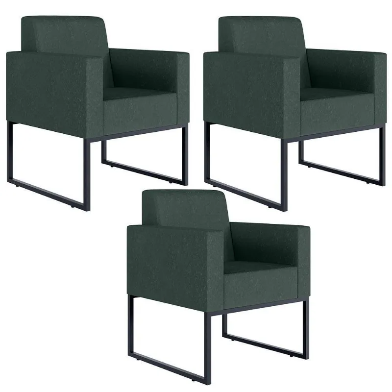 Kit 03 Poltronas Base De Metal Linho Verde Musgo
