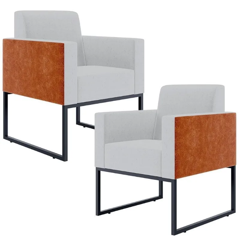 Kit 02 Poltronas Sala Base Metal Linho Cinza Camel