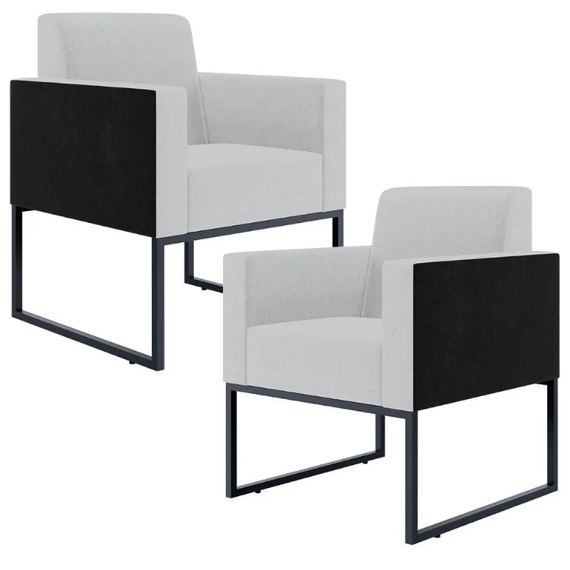 Kit 02 Poltronas Sala Base Metal Linho Cinza Preto