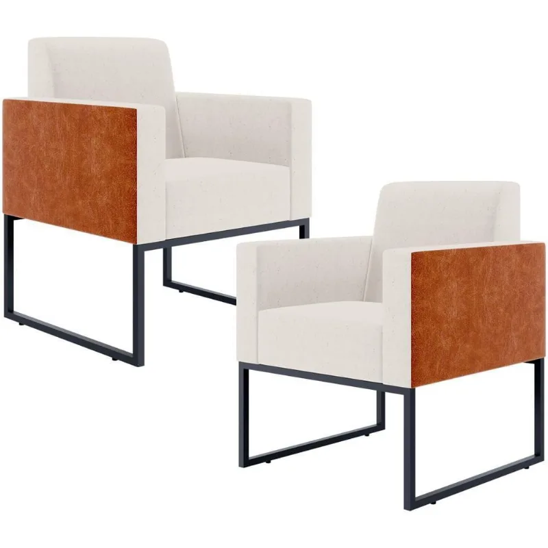 Kit 02 Poltronas Sala Base Metal Linho Cru Couríssimo Camel