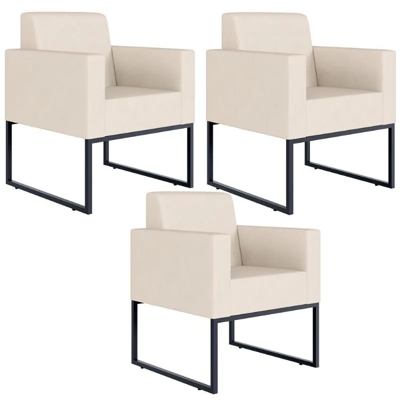 Kit 03 Poltronas Base Fixa De Metal Helô L02 Suede Bege