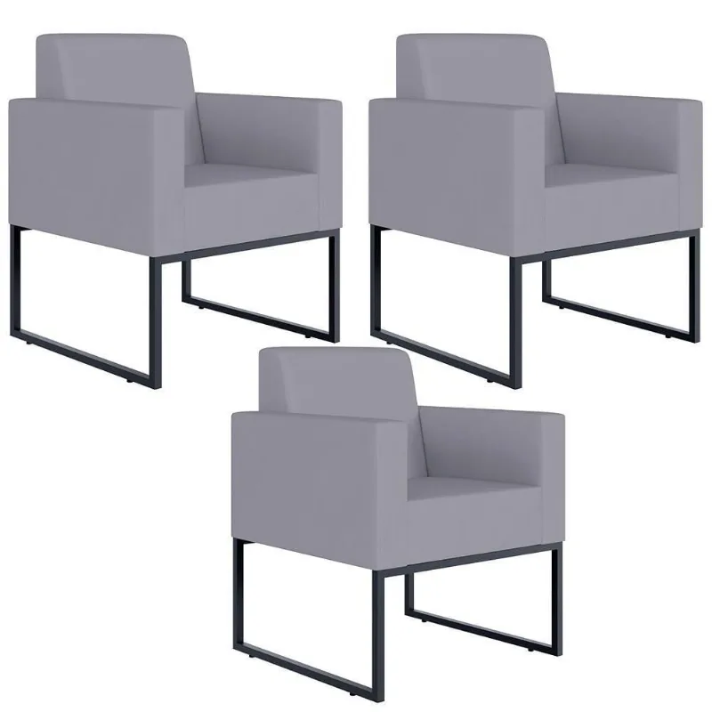 Kit 03 Poltronas Base Fixa De Metal Helô L02 Suede Cinza