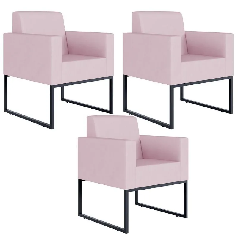 Kit 03 Poltronas Base Fixa De Metal Helô L02 Suede Rosê