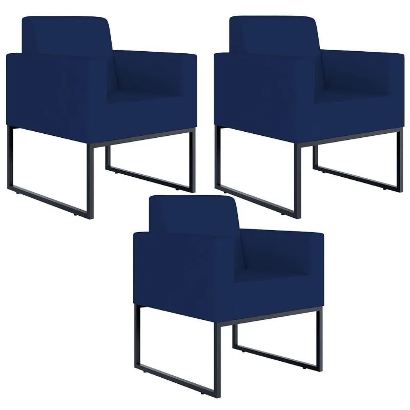 Kit 03 Poltronas Helô L02 Suede Azul Marinho