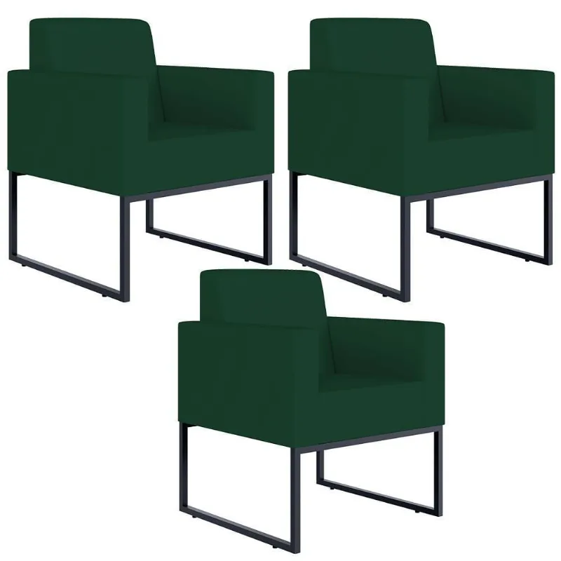 Kit 03 Poltronas Base Fixa Metal Helô L02 Suede Verde Musgo