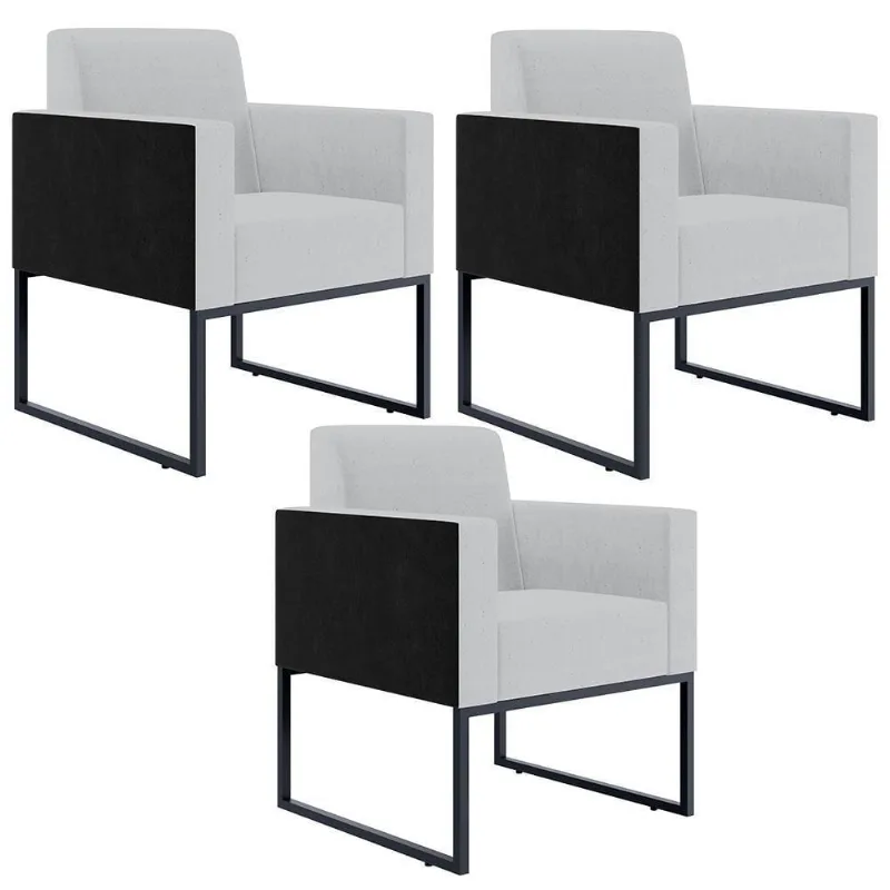 Kit 03 Poltronas Base Fixa Metal Helô L02 Linho Cinza Preto
