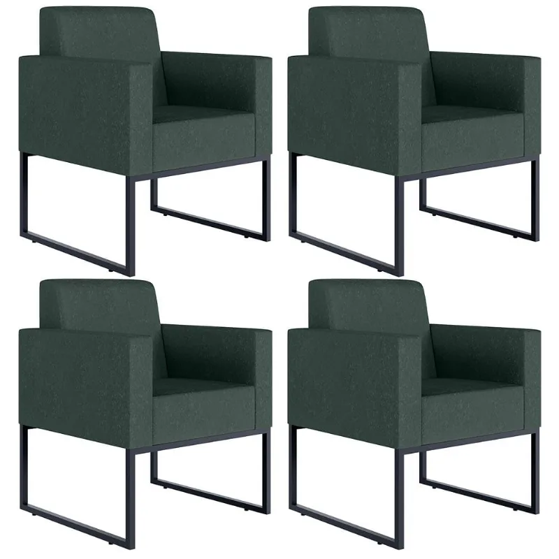 Kit 04 Poltronas Decorativa Sala Recepção Base Fixa De Metal Helô L02 Linho Verde Musgo - Lyam Decor