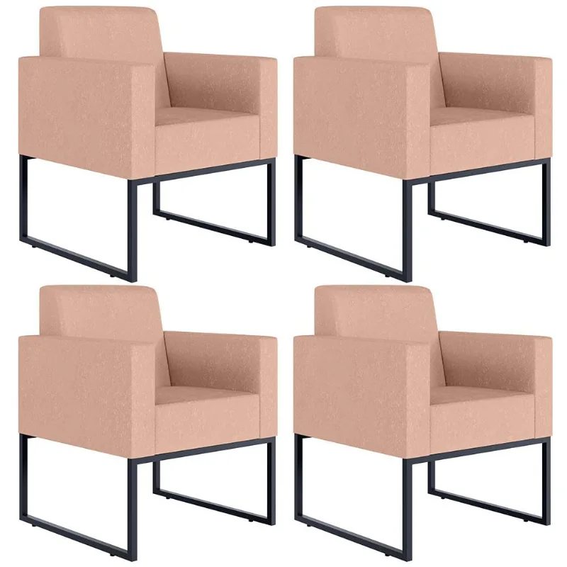 Kit 04 Poltronas Decorativa Para Sala E Recepção Base Fixa De Metal Helô L02 Linho Rosê - Lyam Decor
