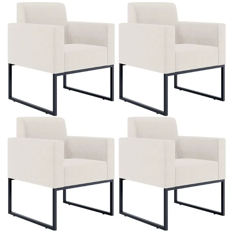 Kit 04 Poltronas Decorativas para Sala e Recepção Base Fixa De Metal Helô L02 Linho Cru - Lyam Decor