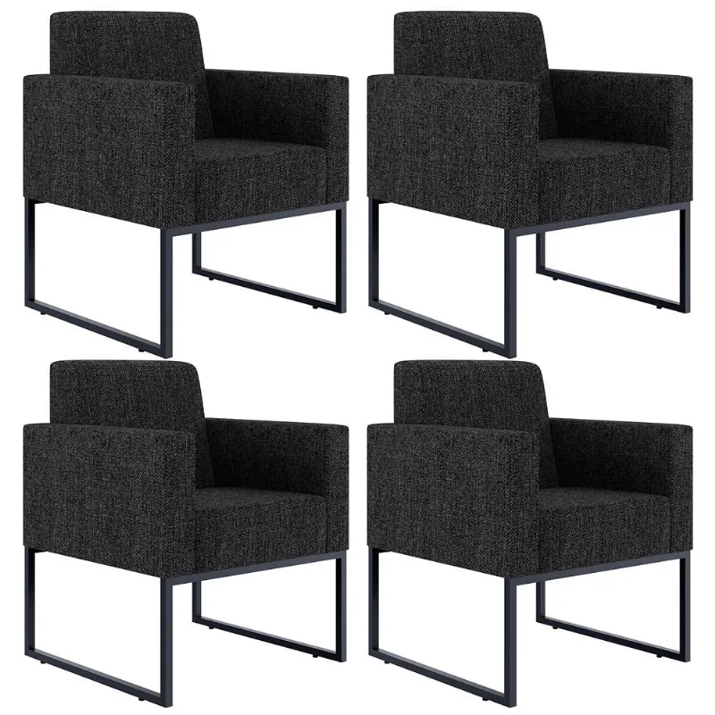Kit 04 Poltronas Decorativas para Sala Recepção Base Fixa Metal Helô L02 Linho Chumbo - Lyam Decor