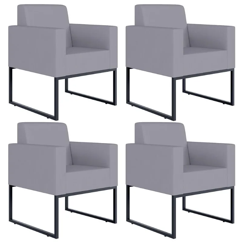 Kit 04 Poltronas Decorativas para Sala Recepção Base Fixa De Metal Helô L02 Suede Cinza - Lyam Decor