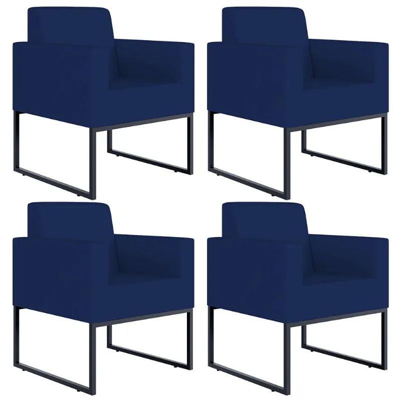 Kit 04 Poltronas Decorativas Sala Recepção Base Fixa Metal Helô L02 Suede Azul Marinho - Lyam Decor