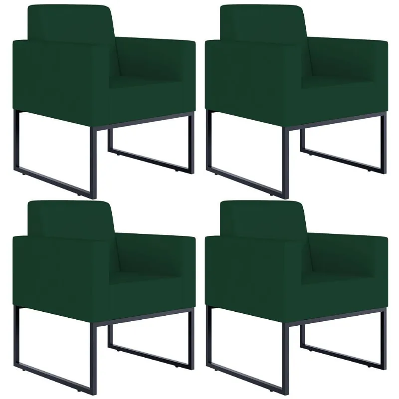 Kit 04 Poltronas Decorativas Sala e Recepção Base Fixa Metal Helô L02 Suede Verde Musgo - Lyam Decor