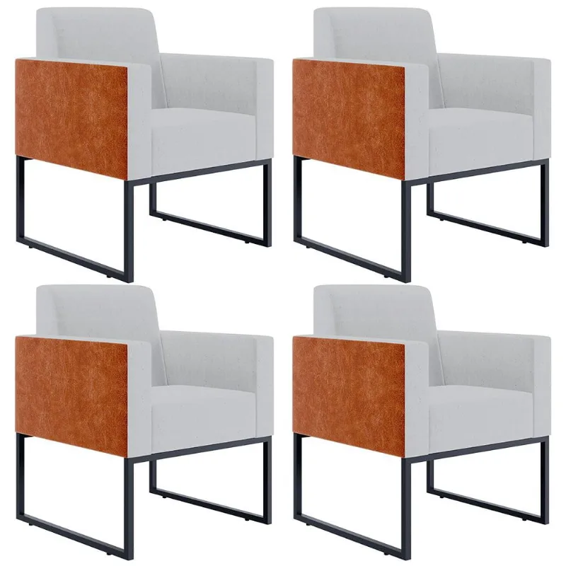 Kit 04 Poltronas Decorativas Sala Base fixa Metal Helô L02 Linho Cinza Couríssimo Camel - Lyam Decor