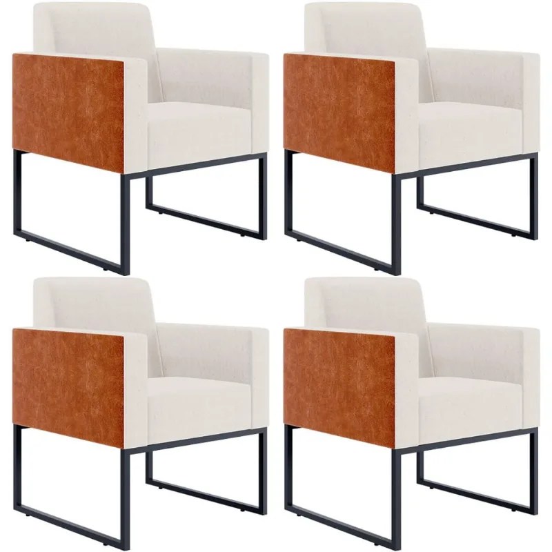 Kit 04 Poltronas Decorativas Sala Base fixa Metal Helô L02 Linho Cru Couríssimo Camel - Lyam Decor