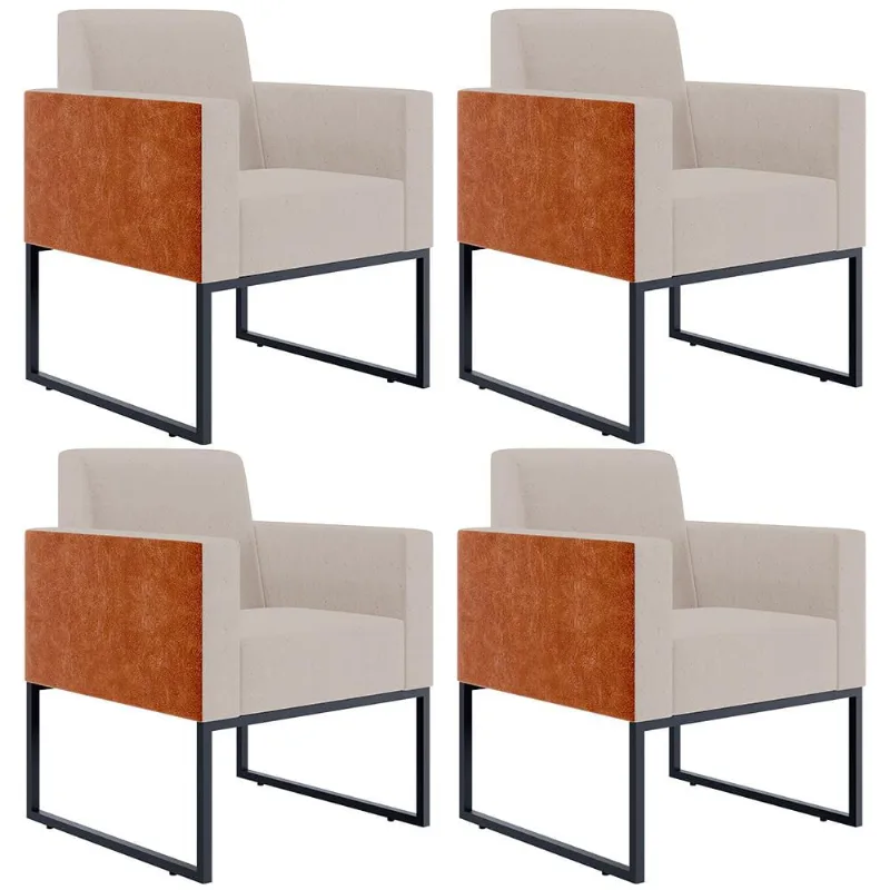 Kit 04 Poltronas Decorativas Sala Base Fixa Metal Helô L02 Linho Bege Couríssimo Camel - Lyam Decor