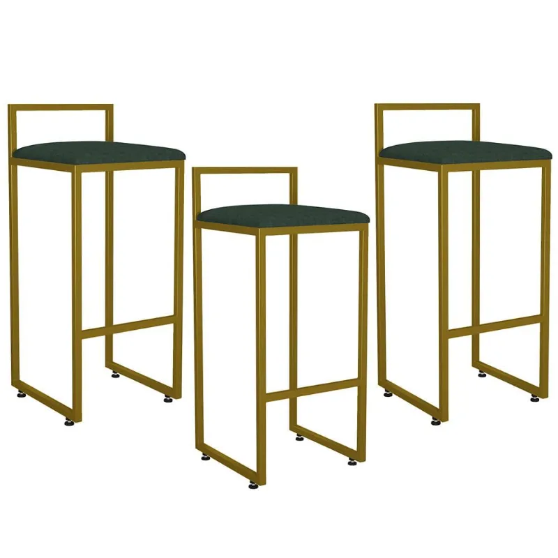 Kit 03 Banquetas Alta Para Cozinha Sala De Jantar Hanna L02 Dourado Linho Verde Musgo - Lyam Decor