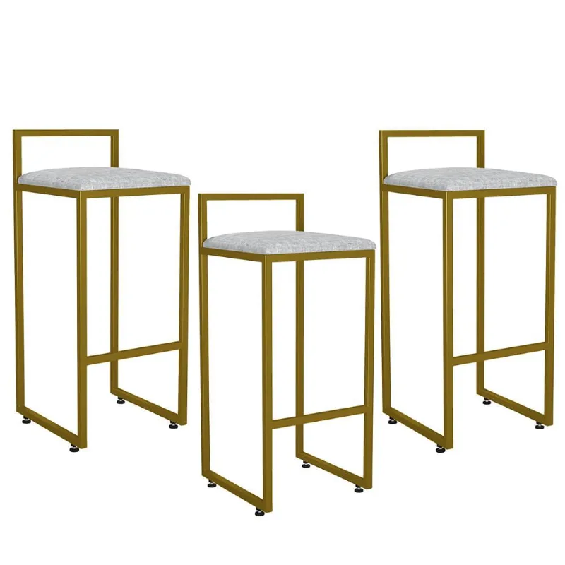 Kit 03 Banquetas Alta Para Cozinha Sala De Jantar Hanna L02 Dourado Linho Cru - Lyam Decor