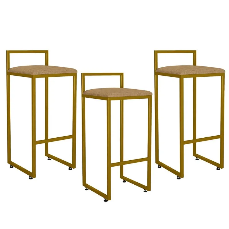 Kit 03 Banquetas Alta Para Cozinha Sala De Jantar Hanna L02 Dourado Linho Bege Escuro - Lyam Decor