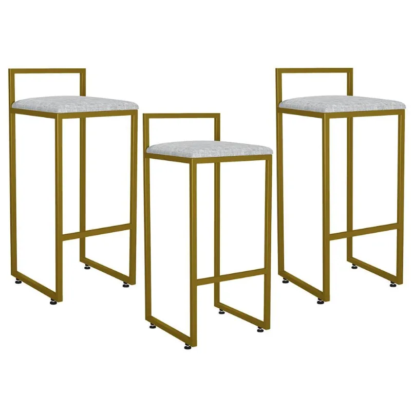 Kit 03 Banquetas Altas Para Cozinha Sala De Jantar Hanna L02 Dourado Linho Cinza - Lyam Decor
