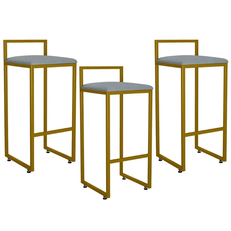 Kit 03 Banquetas Altas Para Cozinha Sala De Jantar Hanna L02 Dourado Suede Cinza - Lyam Decor