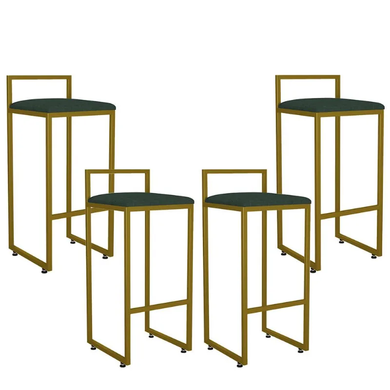 Kit 04 Banquetas Alta Para Cozinha Sala De Jantar Hanna L02 Dourado Linho Verde Musgo - Lyam Decor
