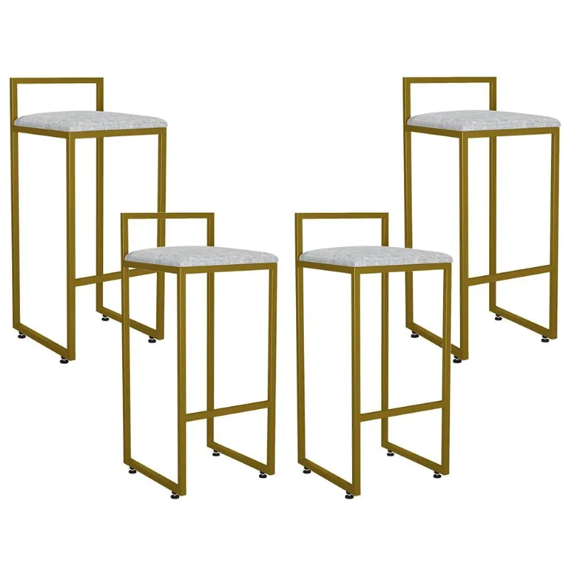 Kit 04 Banquetas Altas Para Cozinha Sala De Jantar Hanna L02 Dourado Linho Cinza - Lyam Decor