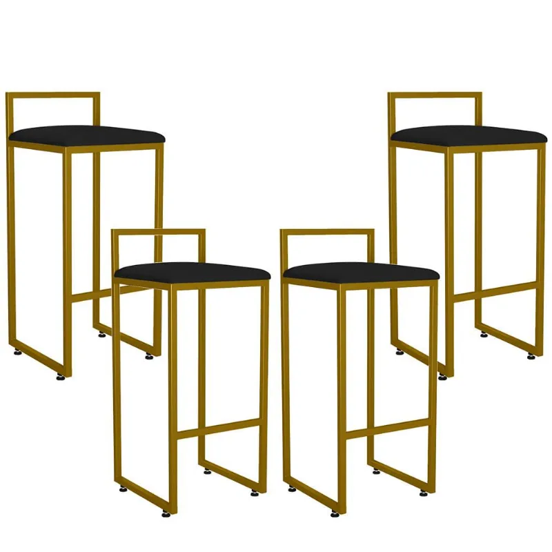 Kit 04 Banquetas Altas Para Cozinha Sala De Jantar Hanna L02 Dourado Suede Preto - Lyam Decor