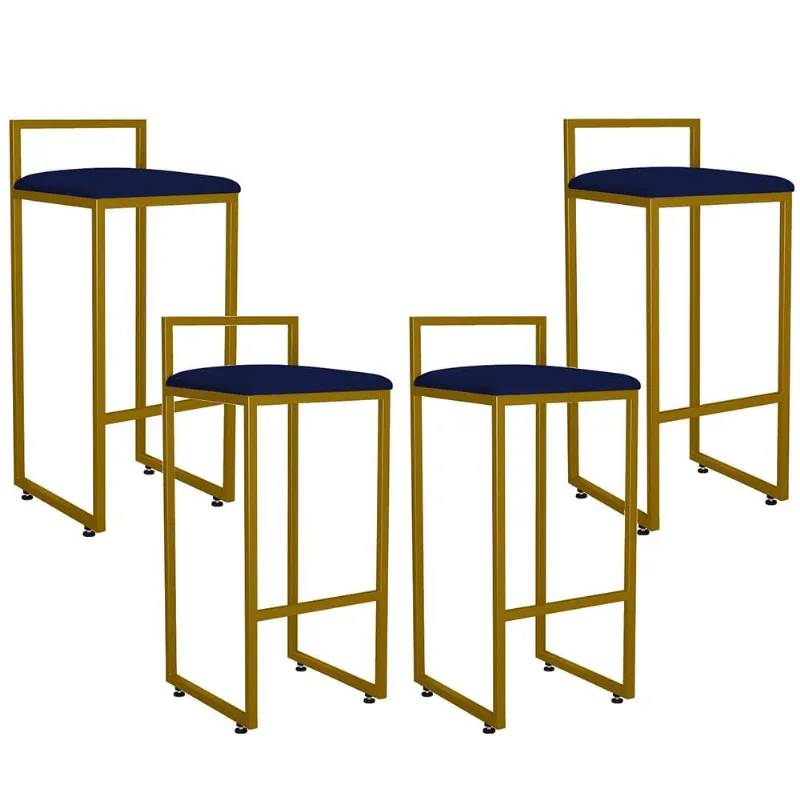 Kit 04 Banquetas Alta Para Cozinha Sala De Jantar Hanna L02 Dourado Suede Azul Marinho - Lyam Decor