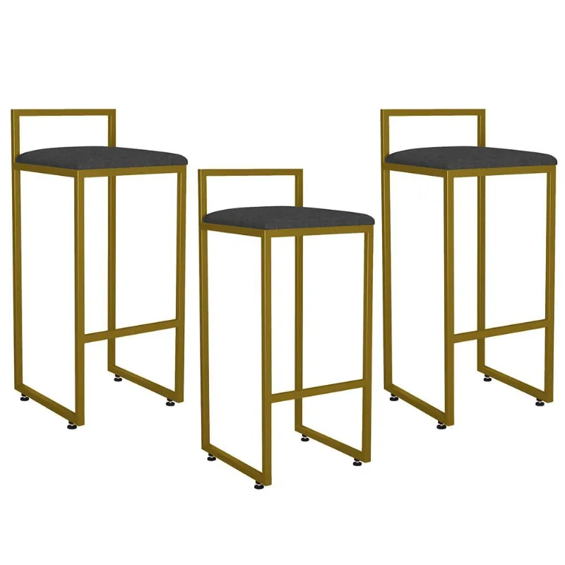 Kit 03 Banquetas Altas Para Cozinha Sala De Jantar Hanna L02 Dourado Linho Chumbo - Lyam Decor