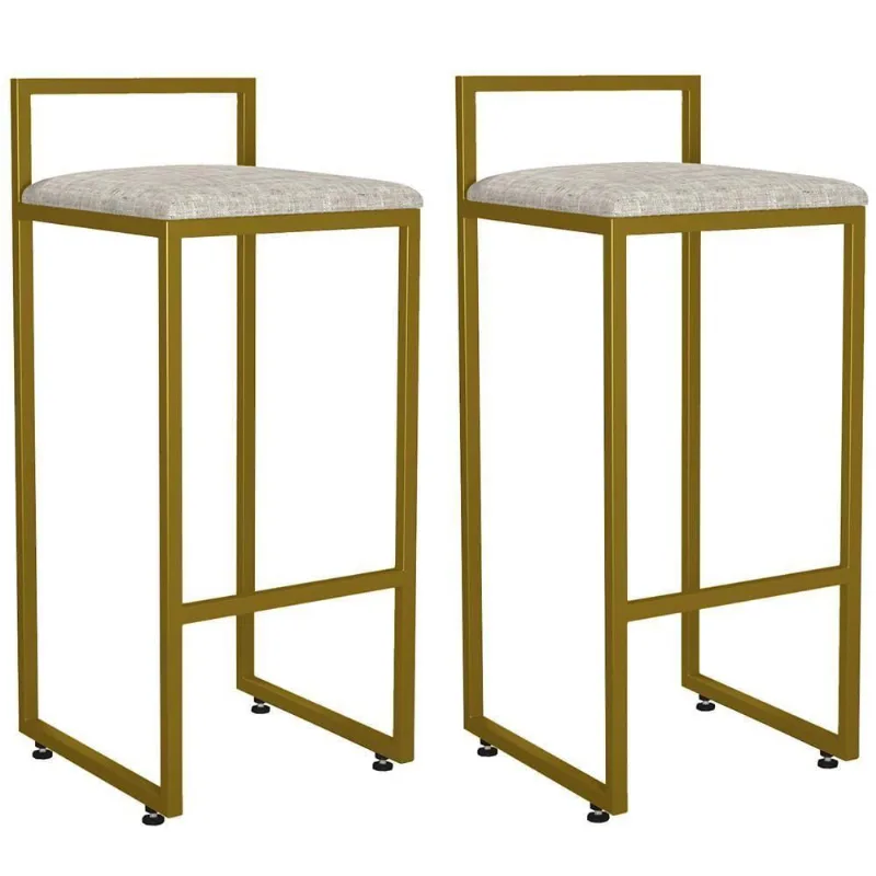 Kit 02 Banquetas Alta Hanna Dourado Linho Bege