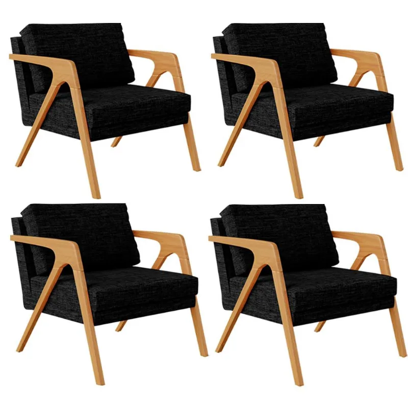 Kit 4 Poltronas Decorativa Para Sala Estar Pietra Estrutura De Madeira L02 Linho Chumbo - Lyam Decor