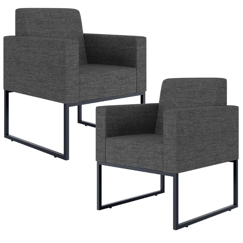 Kit 02 Poltronas Decorativa Sala e Recepção Base Fixa Metal Helô L02 Linho Cinza Escuro - Lyam Decor - Lyam Decor