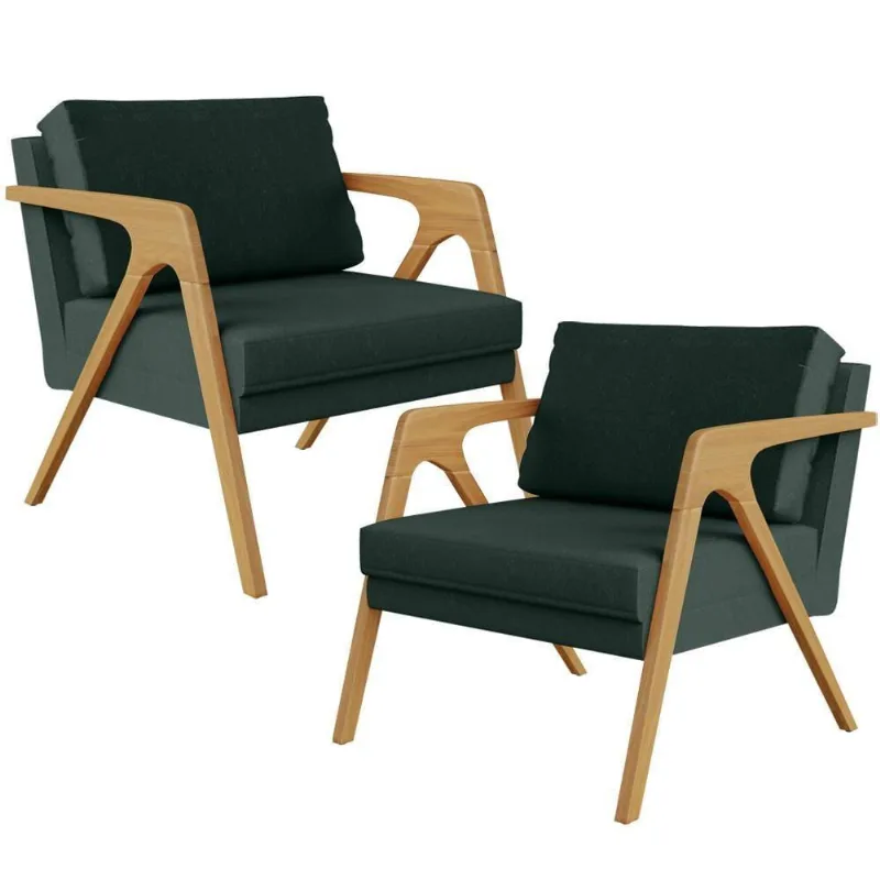 Kit 02 Poltronas Pietra Estrutura L02 Linho Verde Musgo
