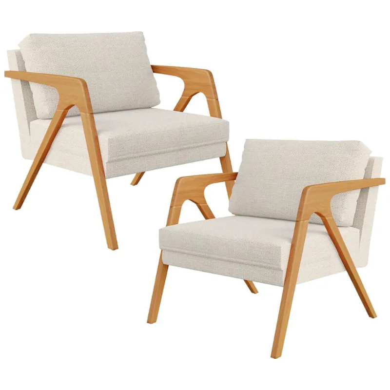 Kit 02 Poltronas Decorativas Sala Estar Pietra Estrutura De Madeira L02 Linho Champagne - Lyam Decor