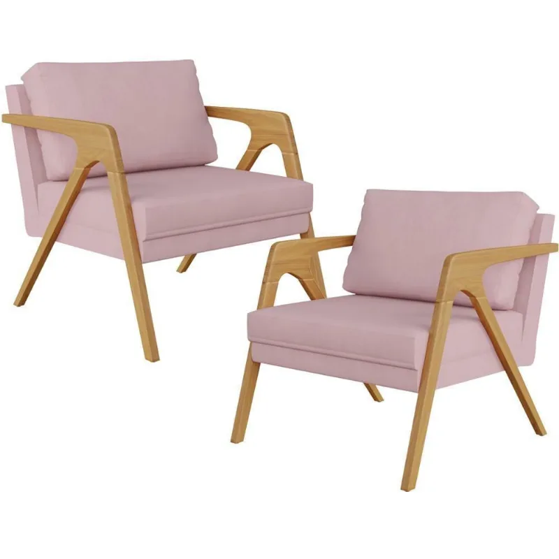 Kit 02 Poltronas Estrutura De Madeira L02 Suede Rosê