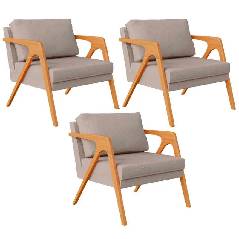 Kit 03 Poltronas Decorativas Para Sala Estar Pietra Estrutura De Madeira L02 Linho Bege - Lyam Decor