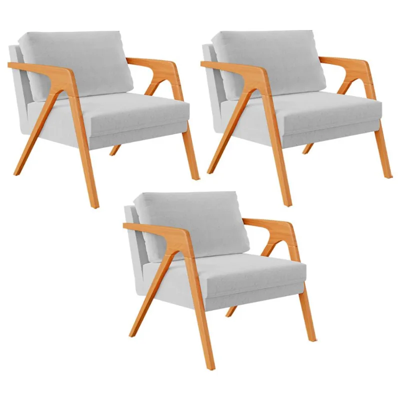 Kit 03 Poltronas Decorativa Para Sala Estar Pietra Estrutura De Madeira L02 Linho Cinza - Lyam Decor