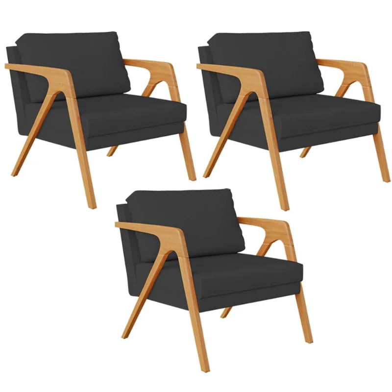 Kit 03 Poltronas Decorativa Para Sala Estar Pietra Estrutura De Madeira L02 Suede Preto - Lyam Decor