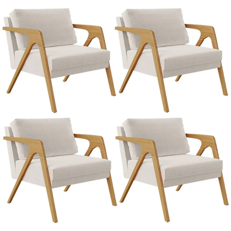 Kit 04 Poltronas Decorativas Para Sala Estar Pietra Estrutura De Madeira L02 Linho Cru - Lyam Decor