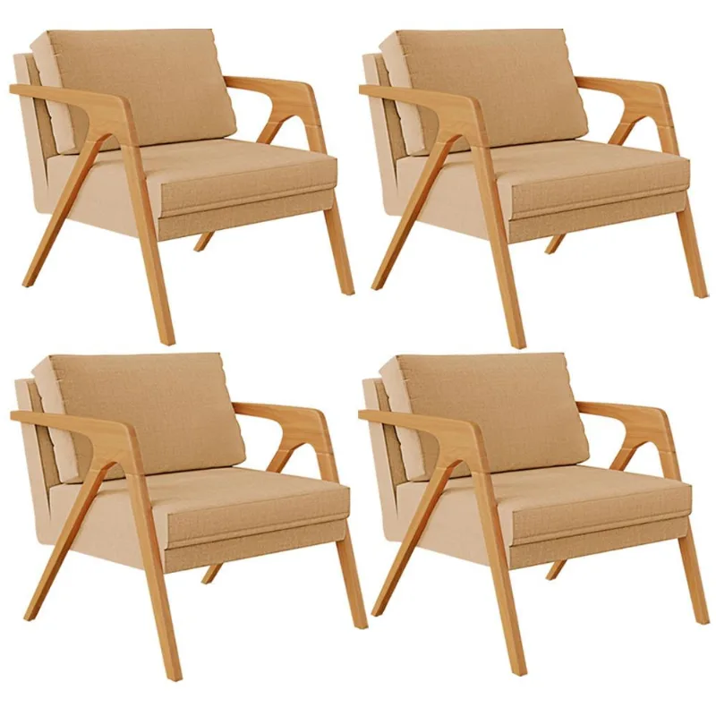Kit 04 Poltronas Decorativa Para Sala Pietra Estrutura De Madeira L02 Linho Bege Escuro - Lyam Decor